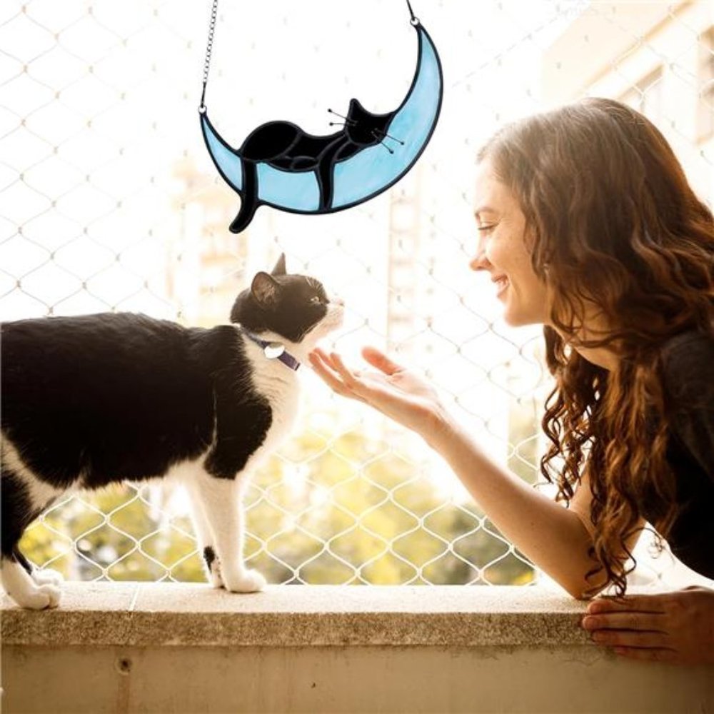 Stained Glass Cat on Moon, Sleeping Cat, Handcrafted Black Cat Suncatchers - Picture 6 of 6